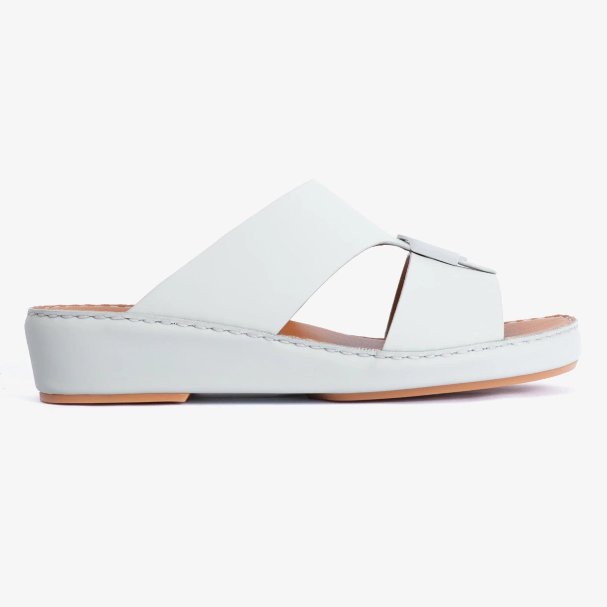 FARADA MATTE LEATHER SLIM ICONIC DOUBLE F TRIM ARABIC SANDAL GREY-GREEN - Farada