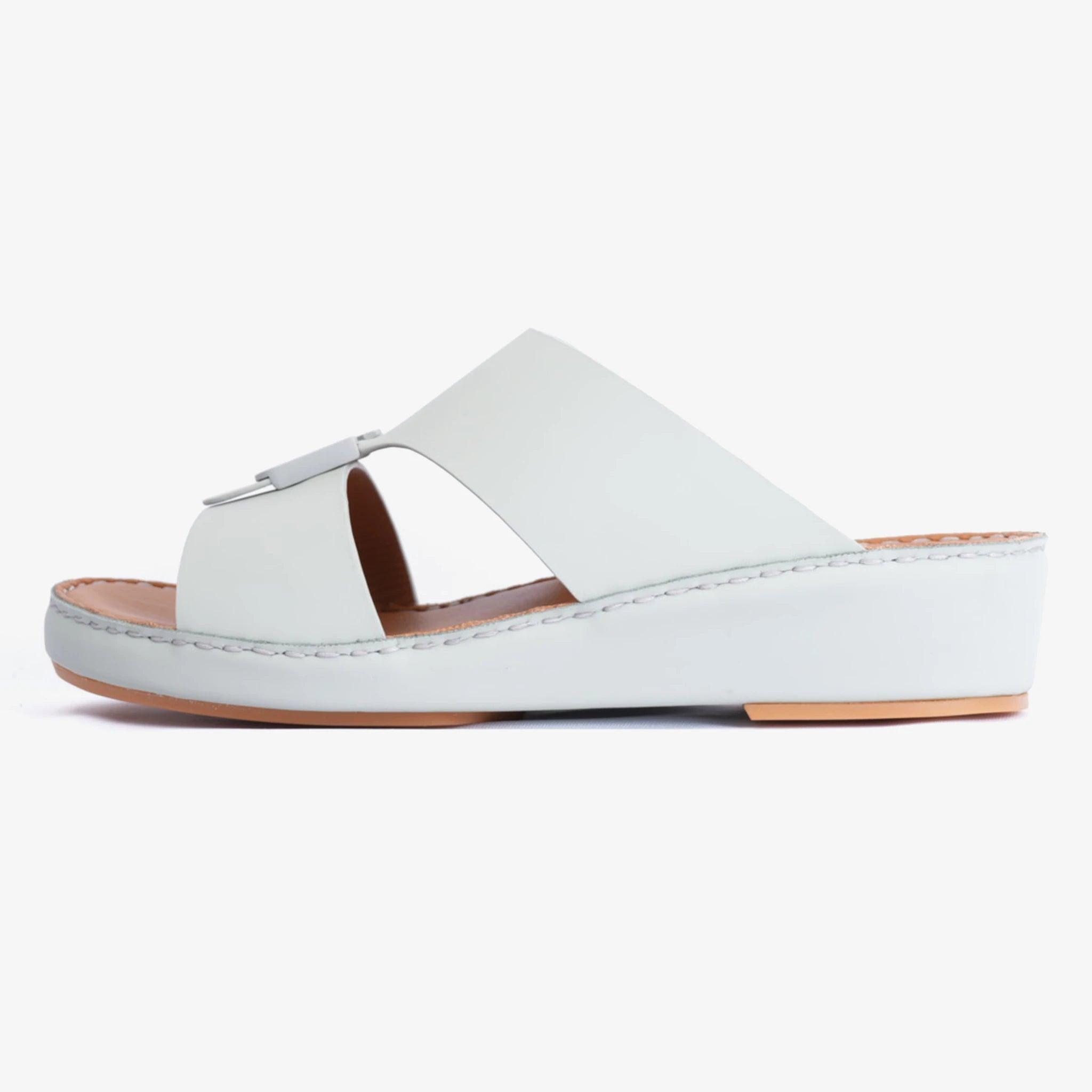 FARADA MATTE LEATHER SLIM ICONIC DOUBLE F TRIM ARABIC SANDAL GREY-GREEN - Farada