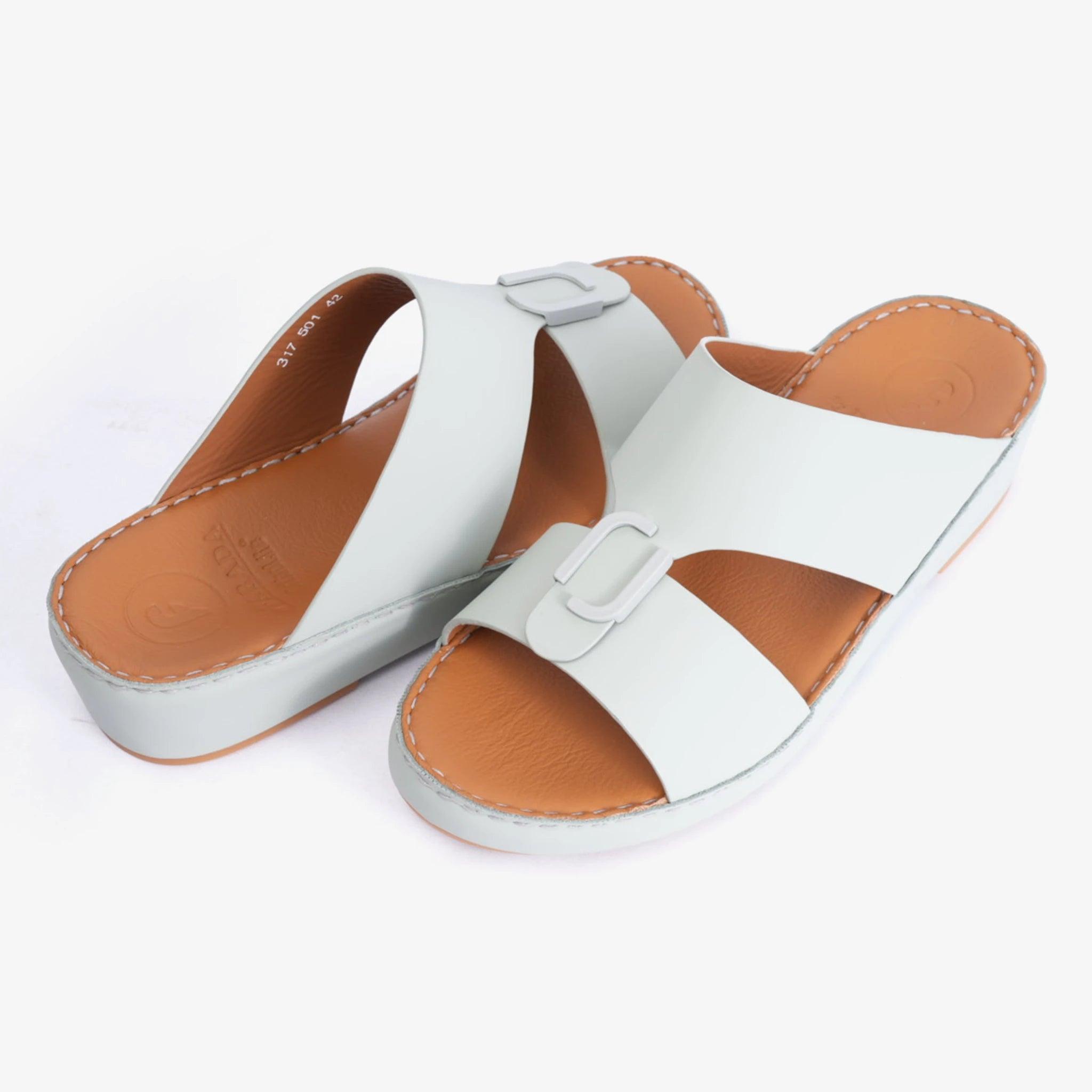 FARADA MATTE LEATHER SLIM ICONIC DOUBLE F TRIM ARABIC SANDAL GREY-GREEN - Farada
