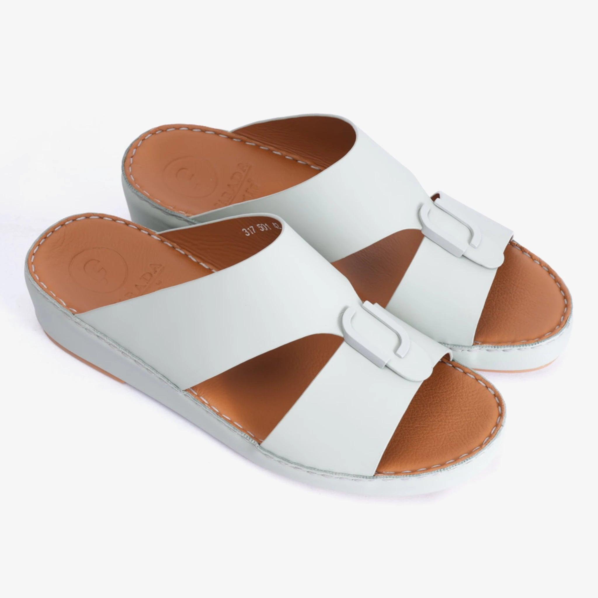 FARADA MATTE LEATHER SLIM ICONIC DOUBLE F TRIM ARABIC SANDAL GREY-GREEN - Farada