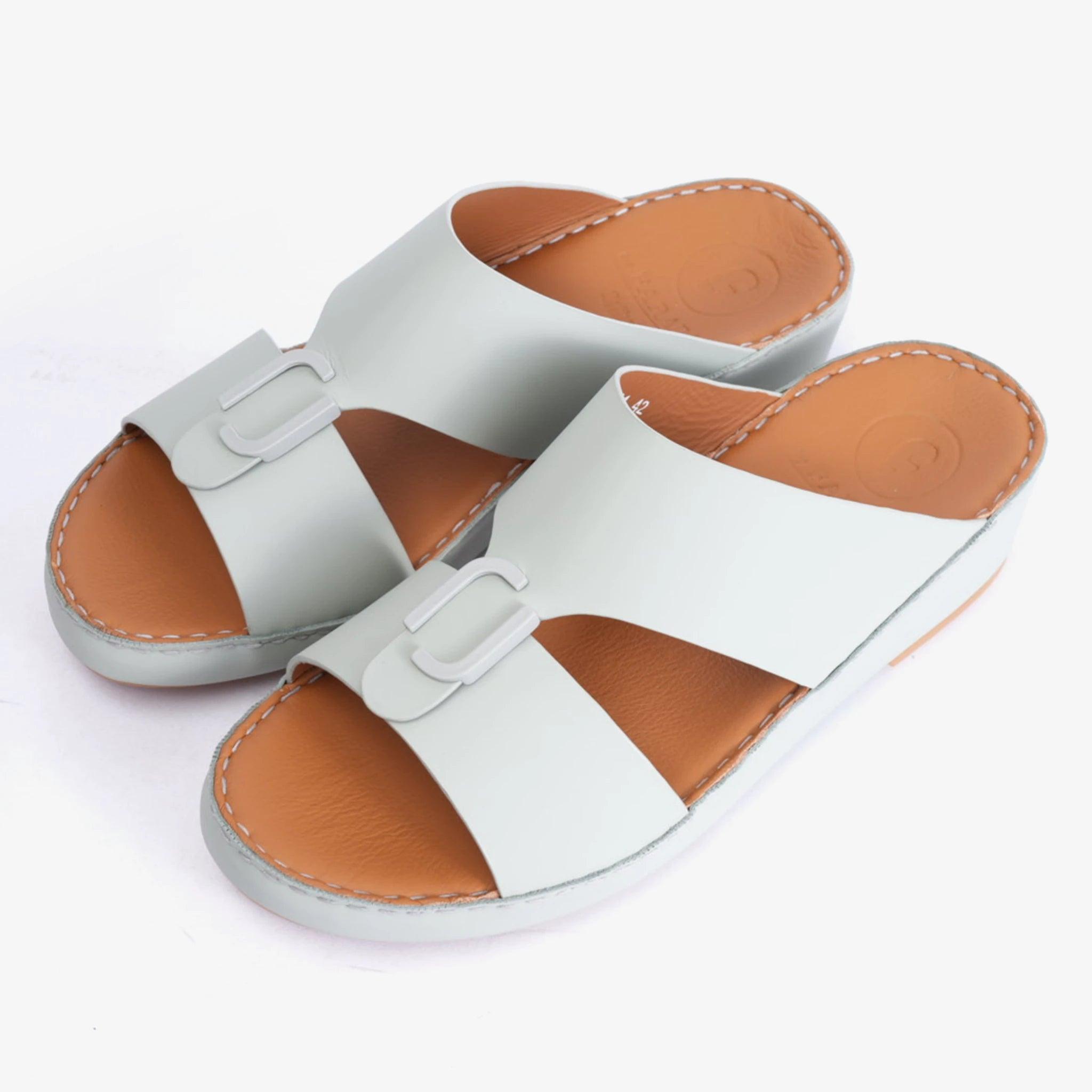 FARADA MATTE LEATHER SLIM ICONIC DOUBLE F TRIM ARABIC SANDAL GREY-GREEN - Farada