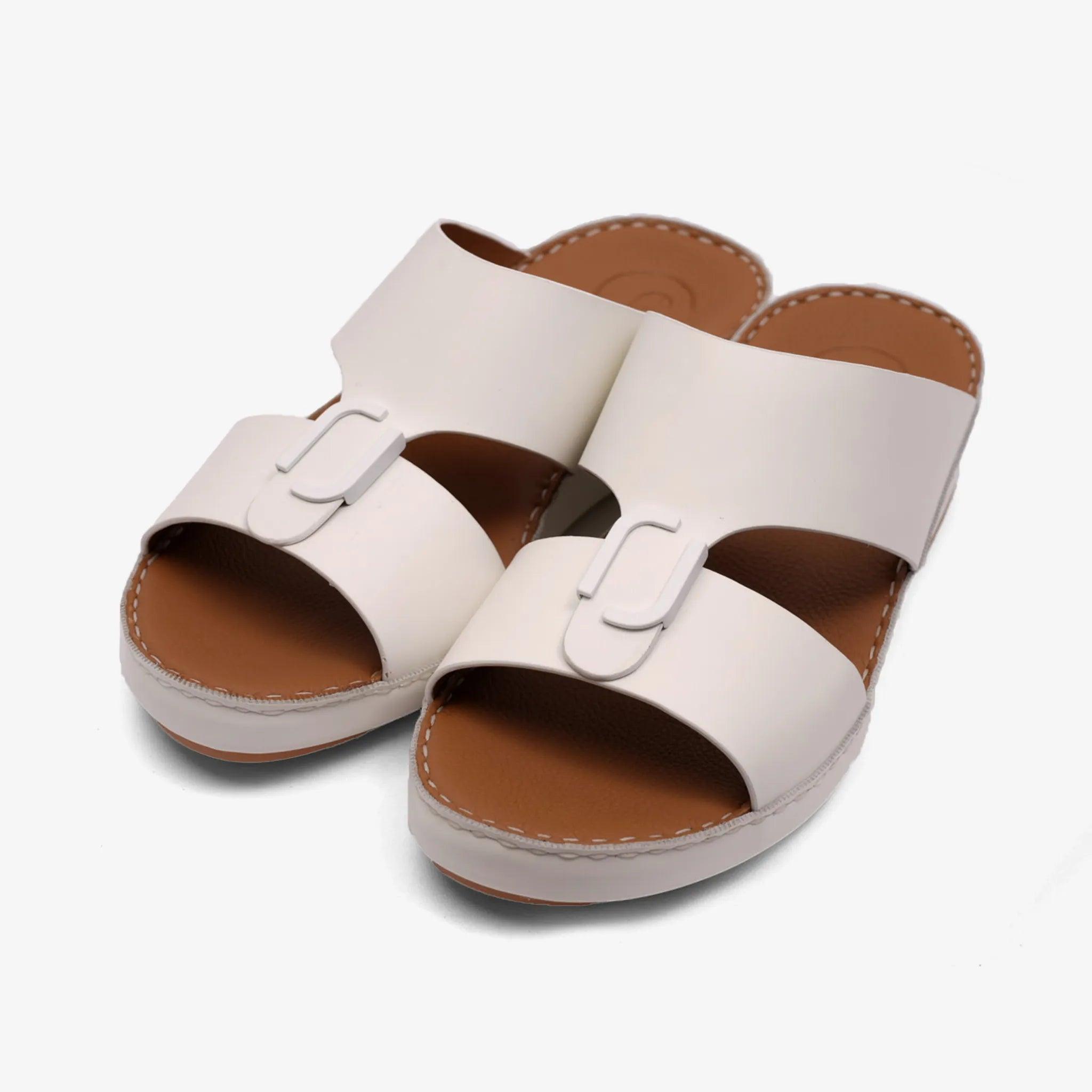 FARADA MATTE LEATHER SLIM ICONIC DOUBLE F TRIM ARABIC SANDAL WHITE - Farada