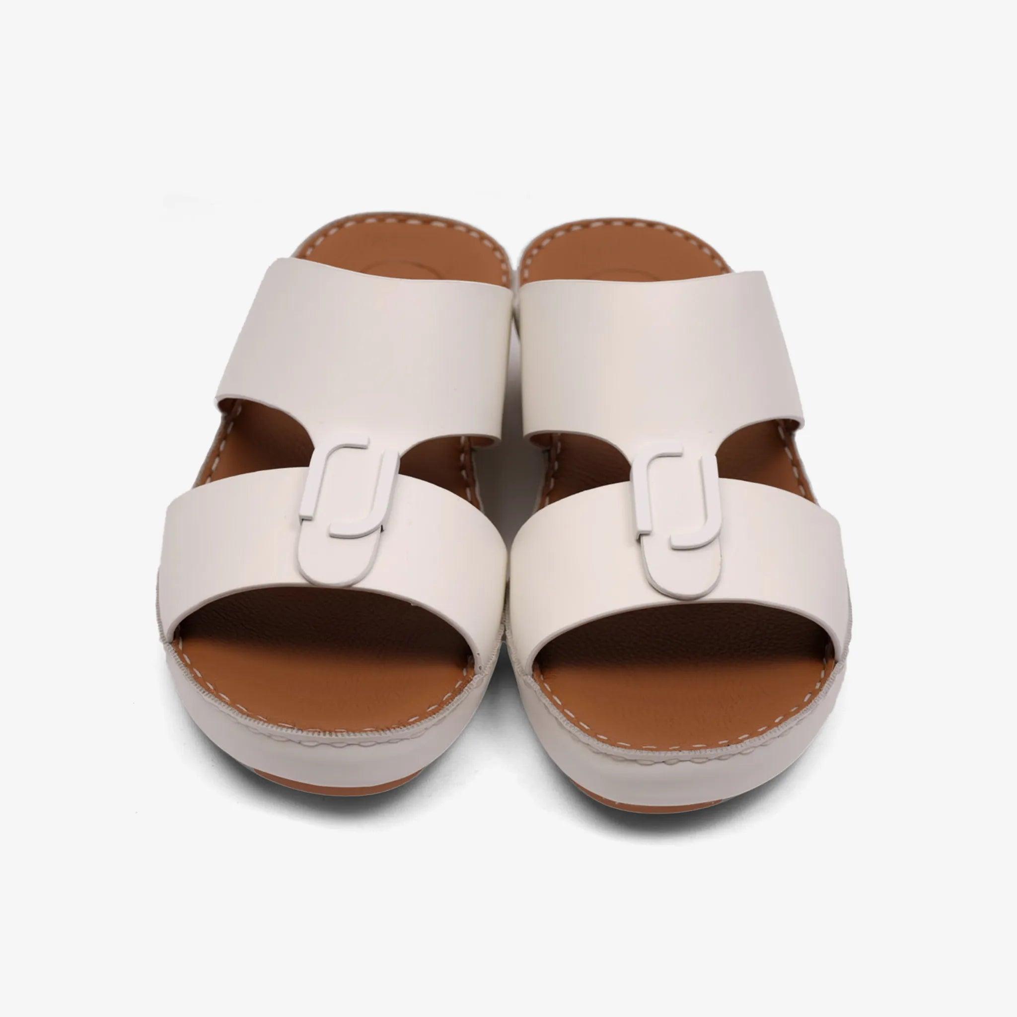 FARADA MATTE LEATHER SLIM ICONIC DOUBLE F TRIM ARABIC SANDAL WHITE - Farada