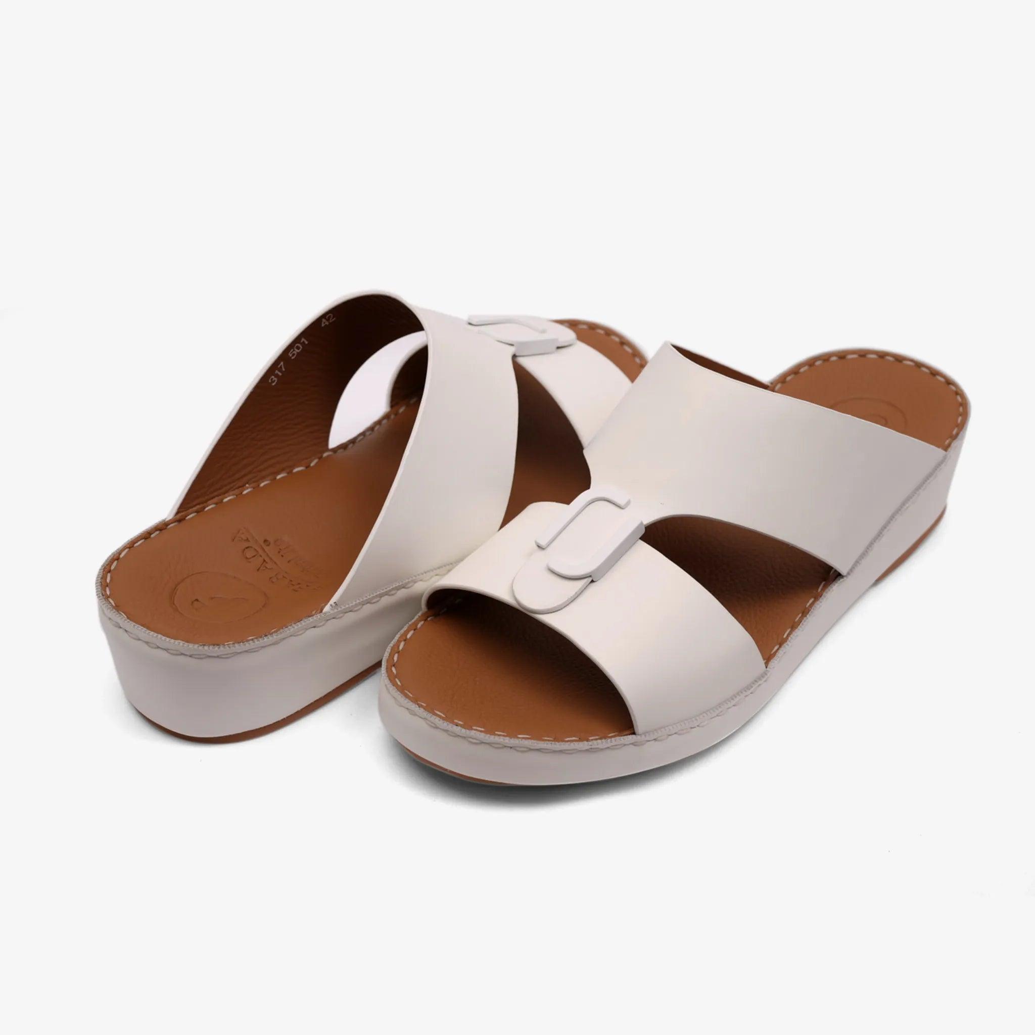 FARADA MATTE LEATHER SLIM ICONIC DOUBLE F TRIM ARABIC SANDAL WHITE - Farada