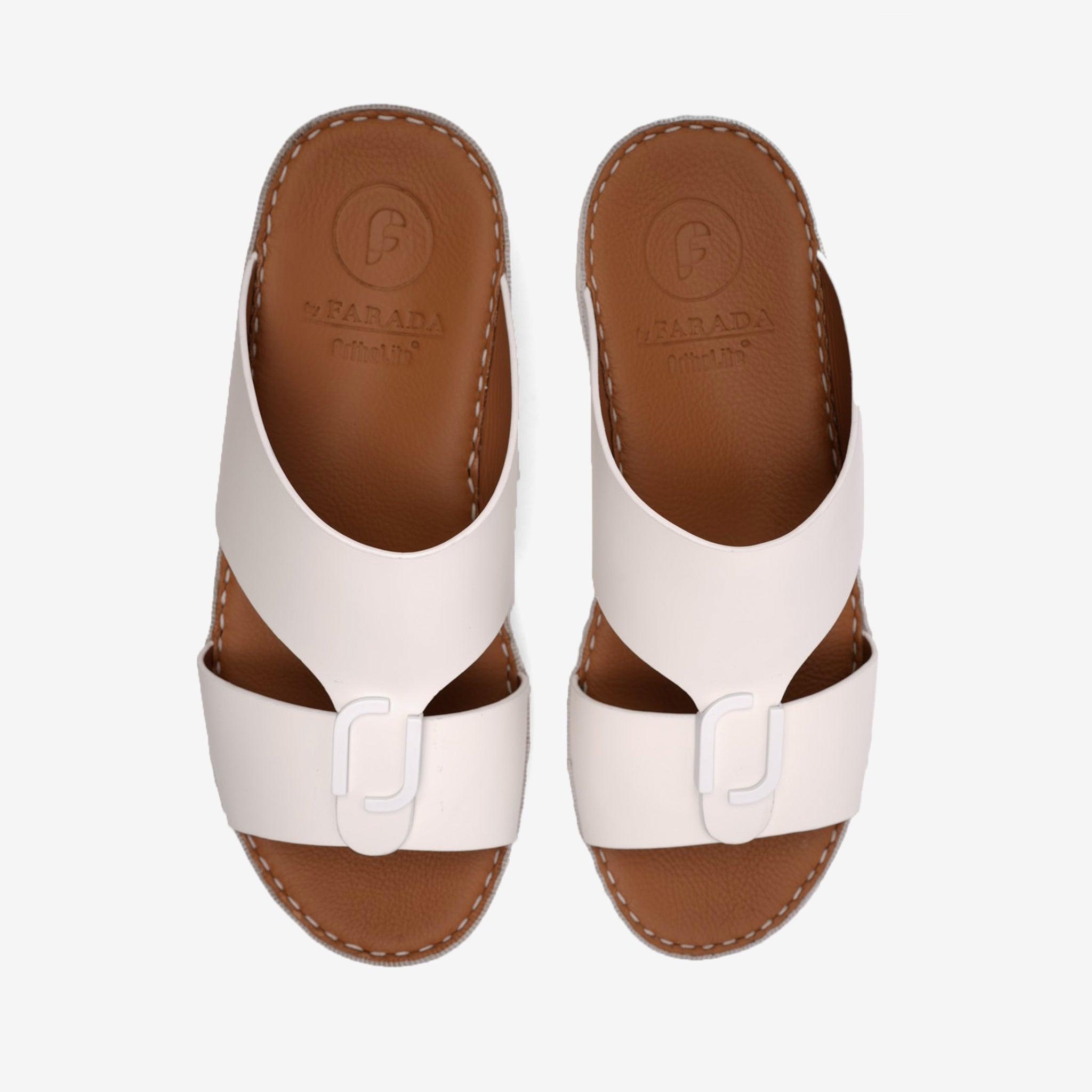 FARADA MATTE LEATHER SLIM ICONIC DOUBLE F TRIM ARABIC SANDAL WHITE - Farada