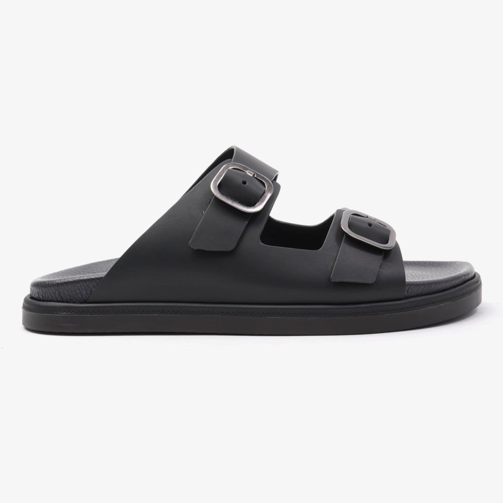 FARADA SLIP ON STYLE WITH SILVER BUCKLE MEN SANDALS BLACK - Farada
