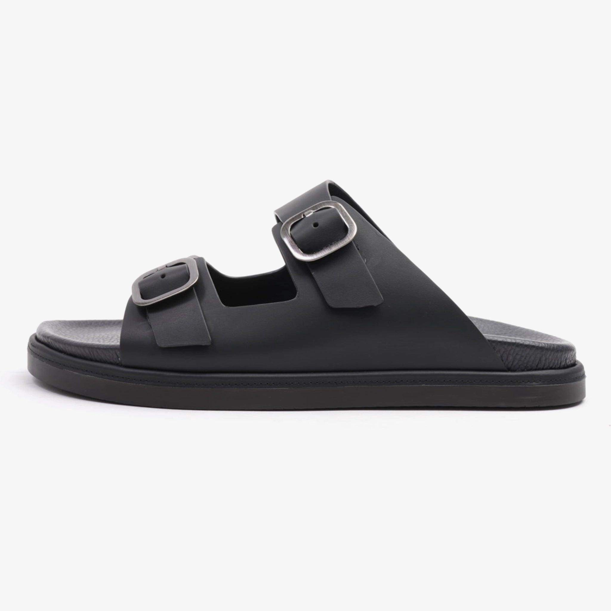FARADA SLIP ON STYLE WITH SILVER BUCKLE MEN SANDALS BLACK - Farada