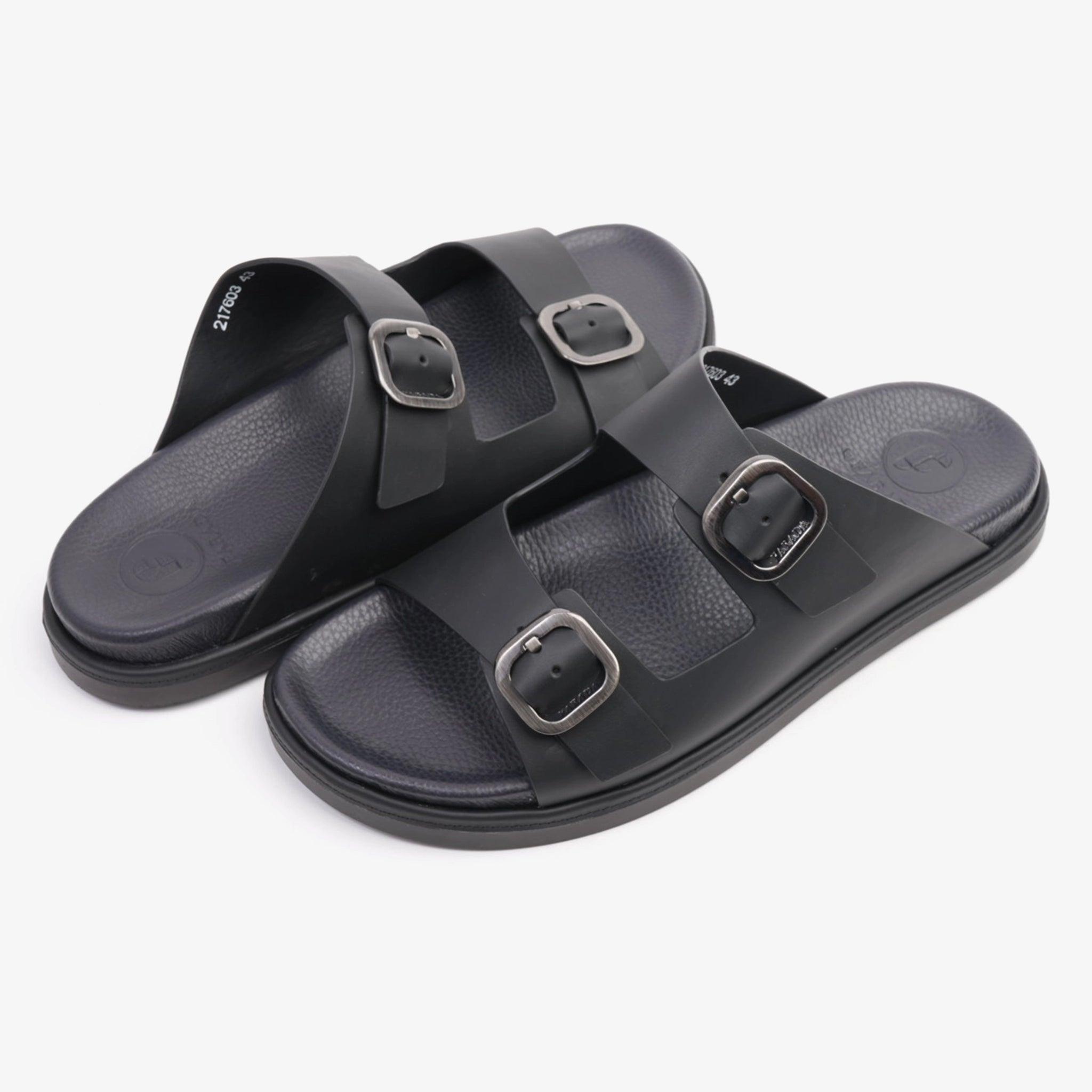 FARADA SLIP ON STYLE WITH SILVER BUCKLE MEN SANDALS BLACK - Farada