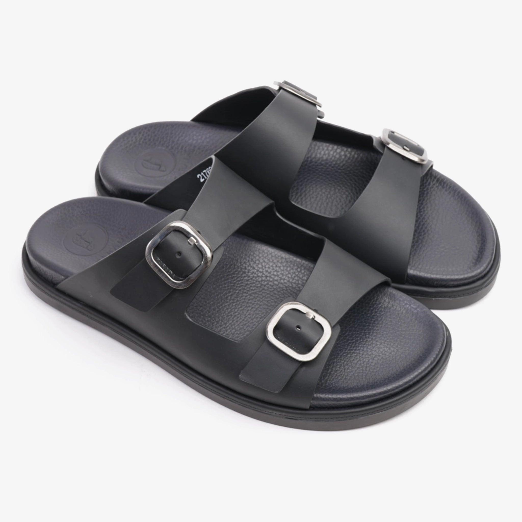 FARADA SLIP ON STYLE WITH SILVER BUCKLE MEN SANDALS BLACK - Farada