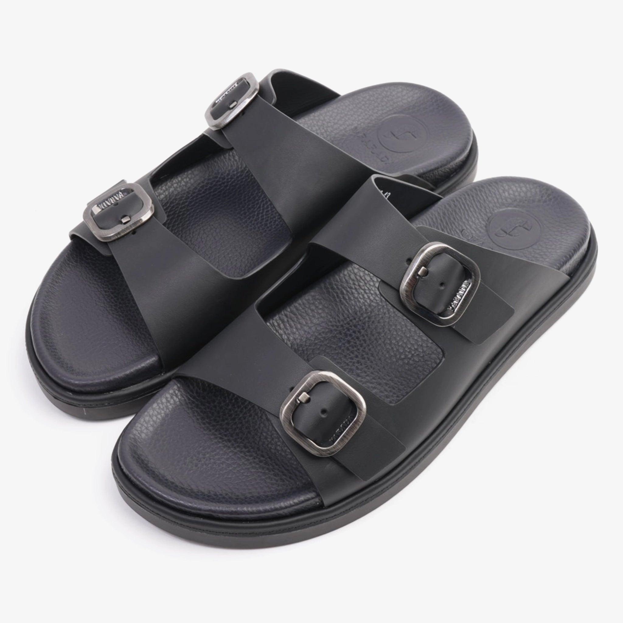 FARADA SLIP ON STYLE WITH SILVER BUCKLE MEN SANDALS BLACK - Farada