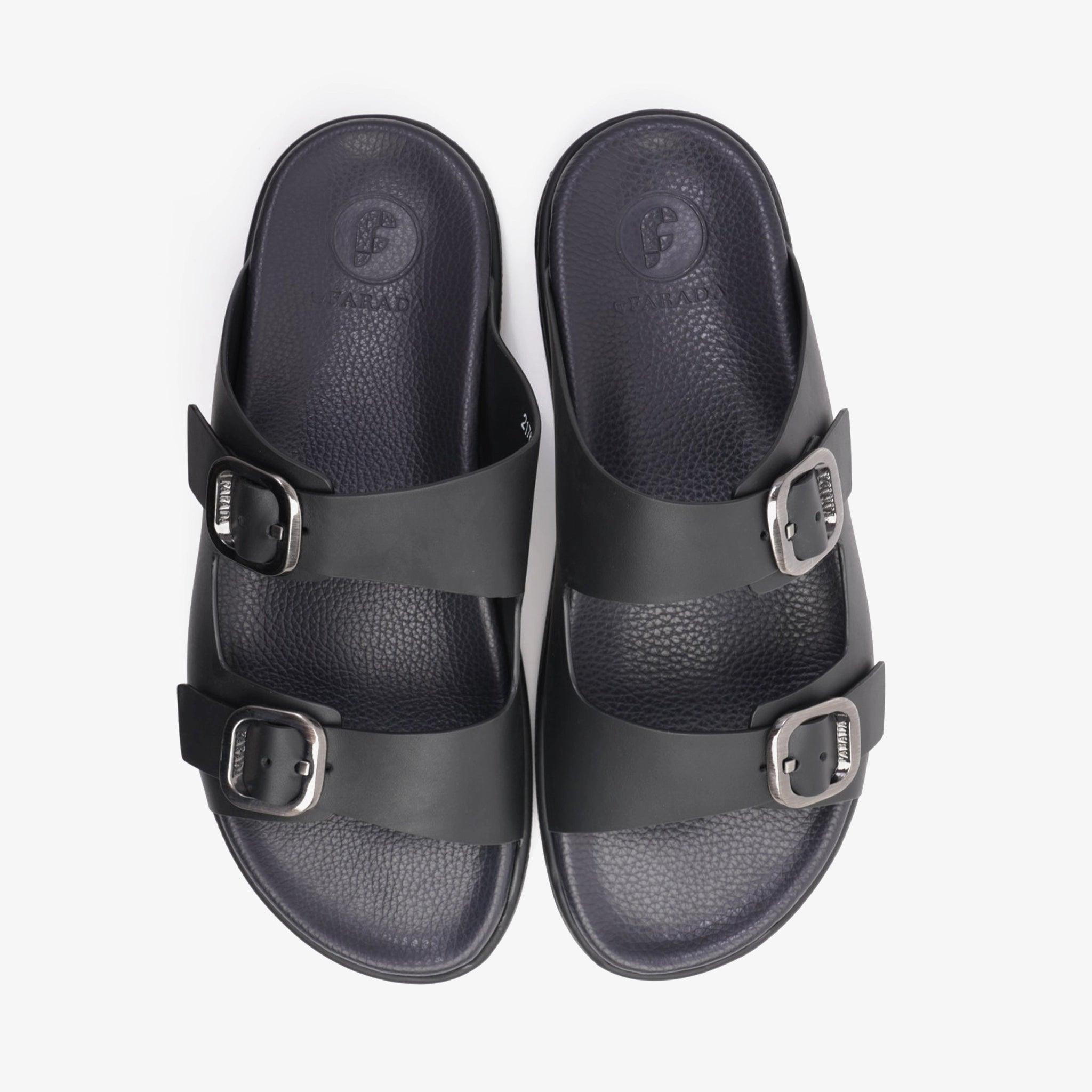 FARADA SLIP ON STYLE WITH SILVER BUCKLE MEN SANDALS BLACK - Farada
