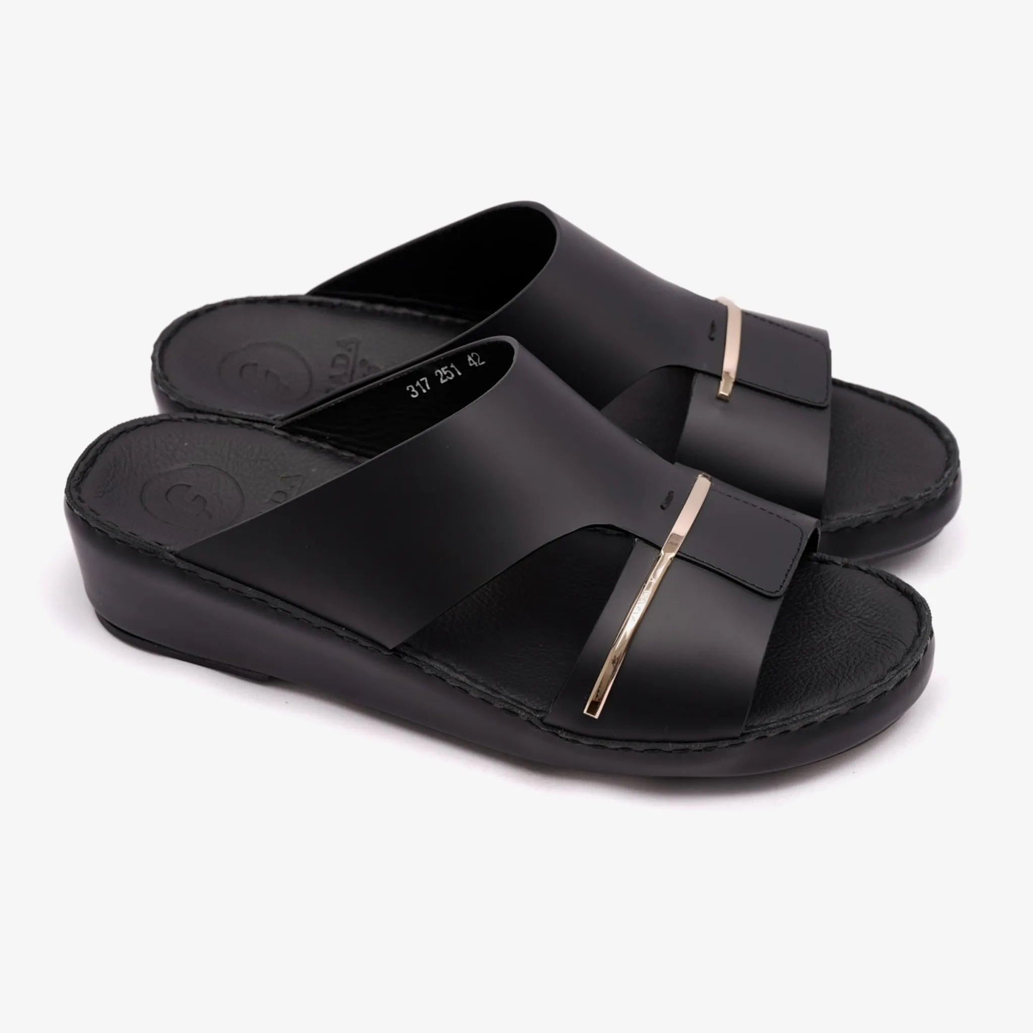 FARADA CLASSIC ARABIC SANDALS WITH GOLD THIN STRIP BLACK - Farada