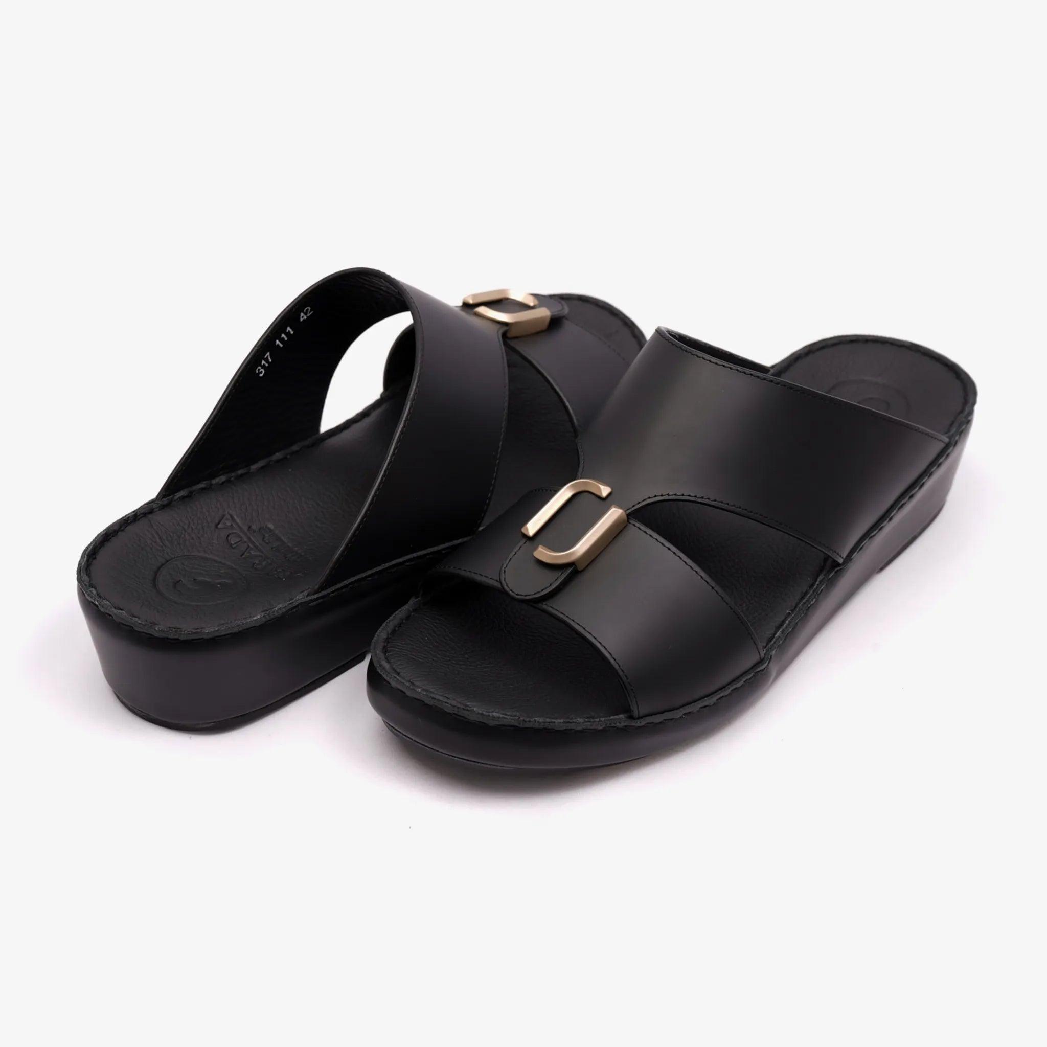 FARADA DA-VINCI BRASS IOCONIC DOUBLE F TRIM ARABIC SANDALS BLACK - Farada