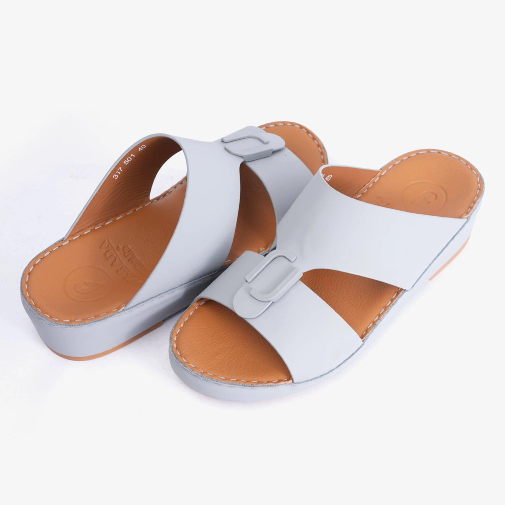 FARADA MATTE LEATHER SLIM ICONIC DOUBLE F TRIM ARABIC SANDAL LIGHT-SKY - Farada