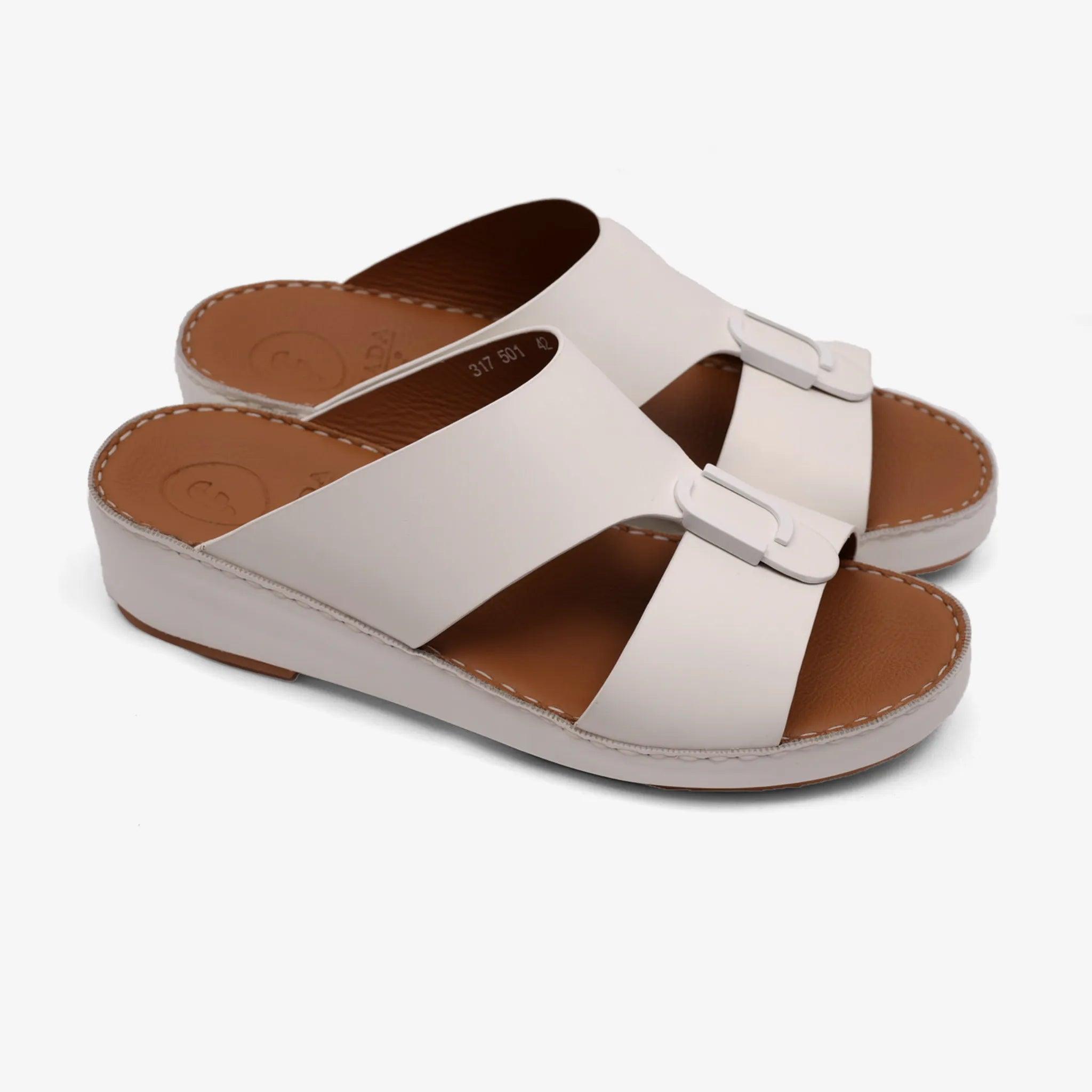 FARADA MATTE LEATHER SLIM ICONIC DOUBLE F TRIM ARABIC SANDAL WHITE - Farada