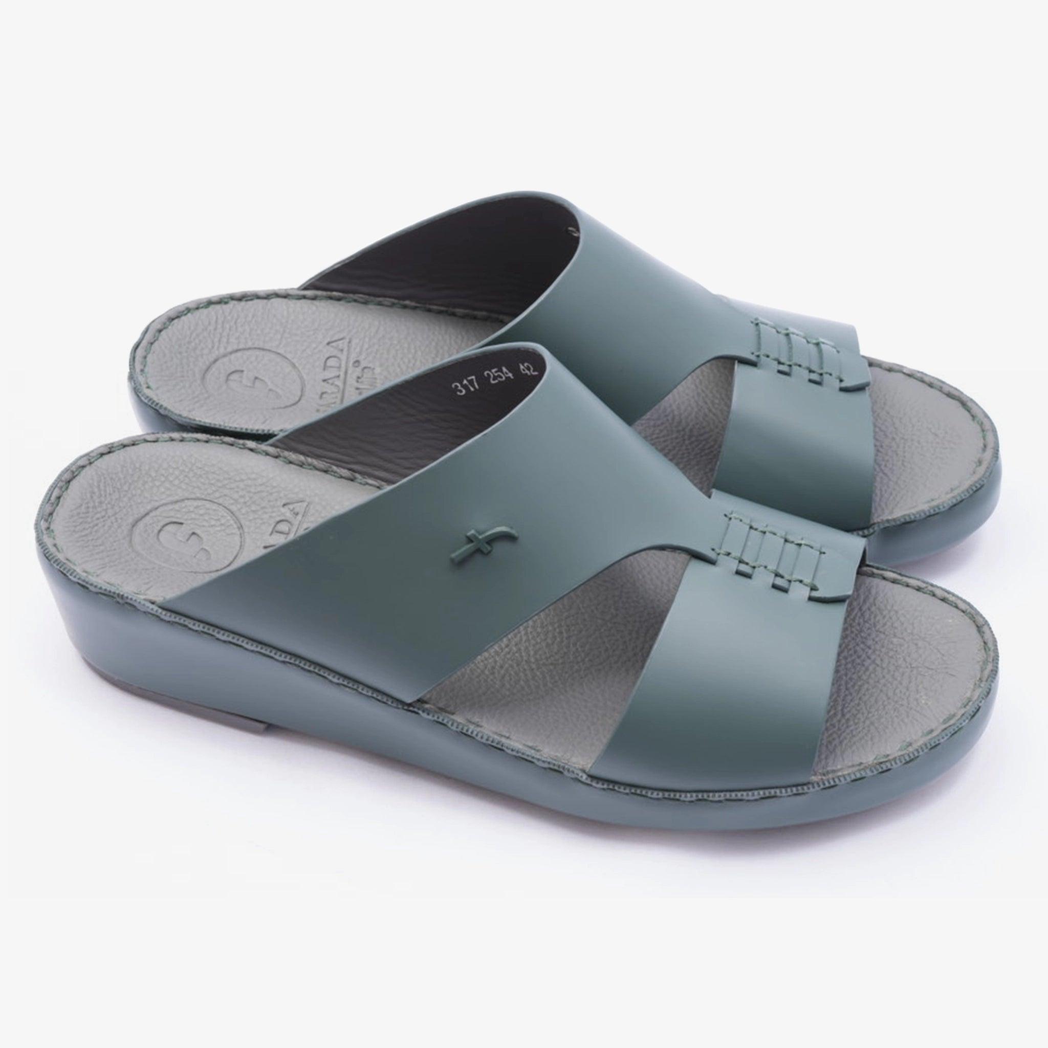 ITALIAN MATT ARABIC LEATHER HANDSTITCHED METALFREE SANDAL BOTTLE-GREEN - Farada